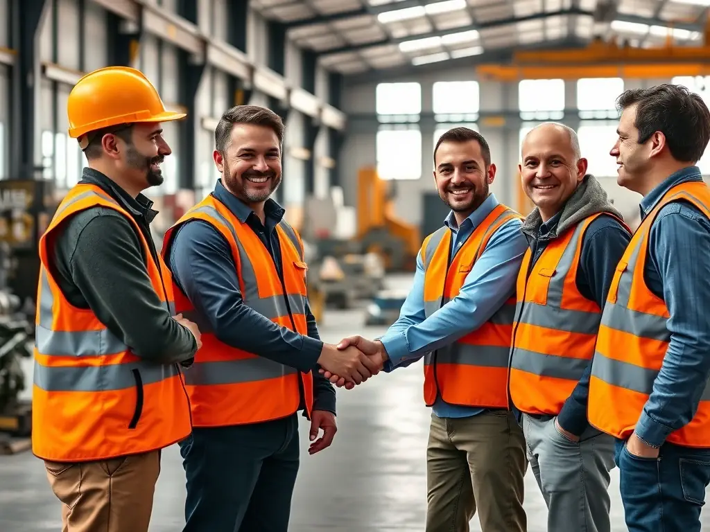A diverse team of professionals in safety vests, smiling and shaking hands with a client in a warehouse filled with industrial equipment. The image represents the professional and reliable team at Industrial City.