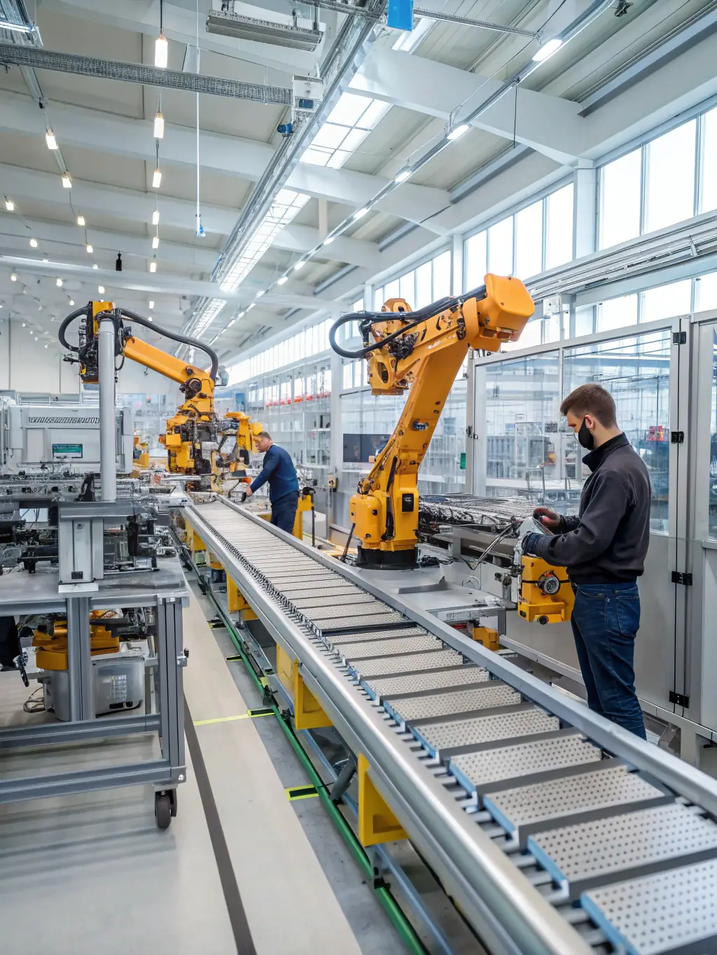 A bustling factory floor with automated machinery and workers in safety gear, illustrating the ongoing modernization efforts in the industrial sector.