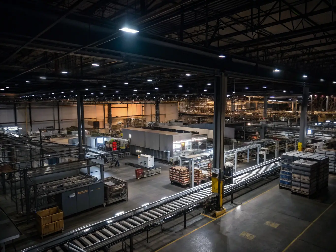 A wide shot of a clean, organized warehouse filled with various pieces of industrial equipment, showcasing the breadth of Industrial City's inventory.