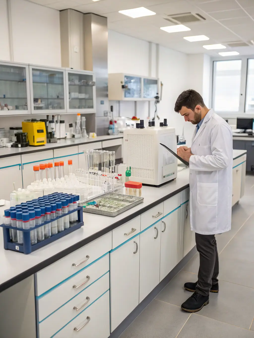 A clear photo of various surplus lab equipment, such as used centrifuges, microscopes, and testing devices, displayed in a laboratory setting.