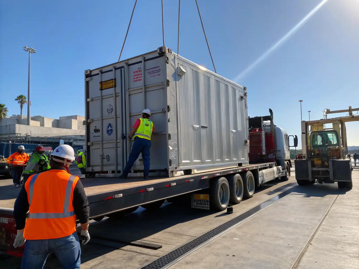 A professional logistics team carefully loading industrial equipment onto a truck, ensuring safe and efficient removal from a client's facility. The scene emphasizes the comprehensive logistics services provided by Industrial City.