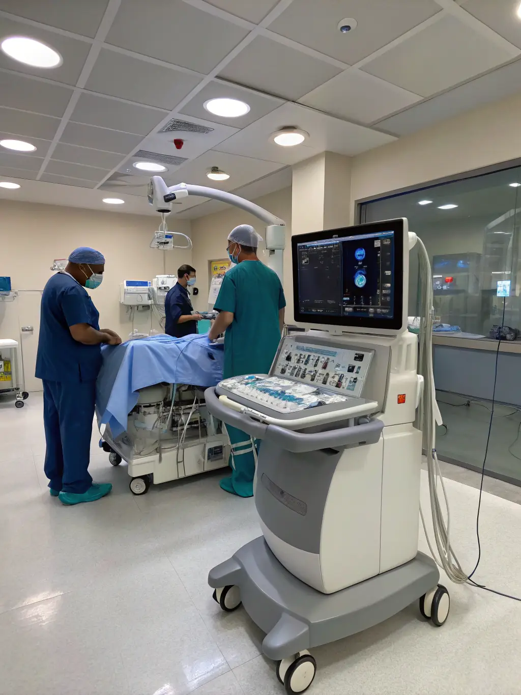 A high-quality photo of various surplus medical equipment, such as used ultrasound machines, EKG machines, and hospital beds, neatly arranged in a storage facility, ready for resale.