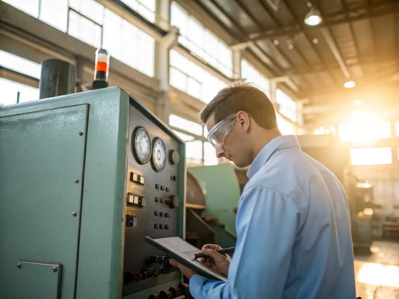 A close-up shot of a professional appraiser examining industrial equipment, symbolizing the fair offer provided by Industrial City.