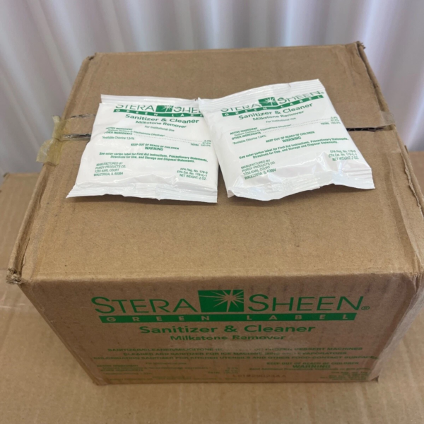 Box of 100 Stera Sheen Green Label Sanitizer & Cleaner Milkstone Remover 2 OZ